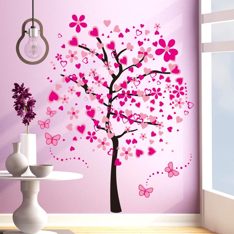 LiveGallery Removable Huge Pink Cartoon Heart Flower Tree Wall Decals Red Butterfly Wall Stickers Home Art Decor for Kids Girls Babys Bedroom Nursery Room Living Room Decorations - Image 1